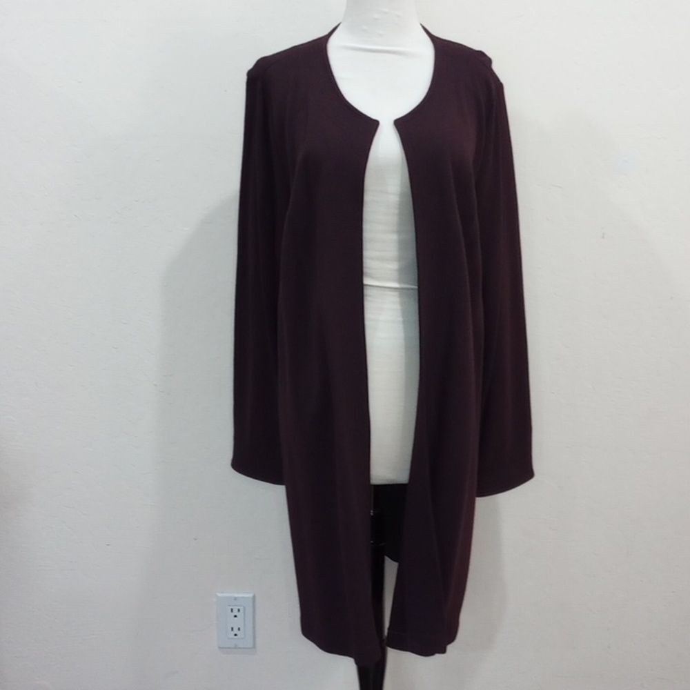 Eileen Fisher Wool Blend Duster Longline Open Front Burgundy Ox Blood Cardigan L
